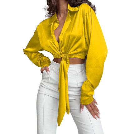 Women's Satin V Neck Tie Long Sleeve Button Down Crop Blouse Top