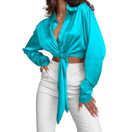 Women's Satin V Neck Tie Long Sleeve Button Down Crop Blouse Top