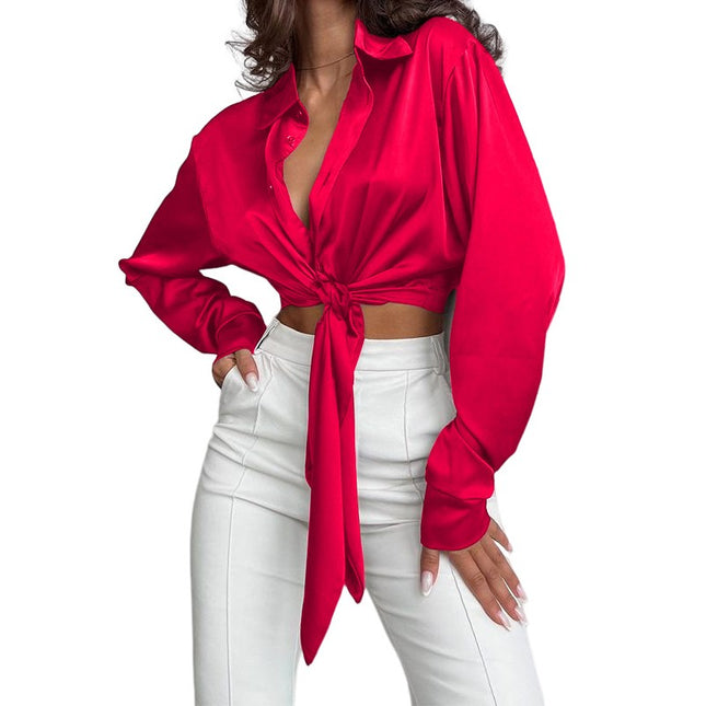 Women's Satin V Neck Tie Long Sleeve Button Down Crop Blouse Top