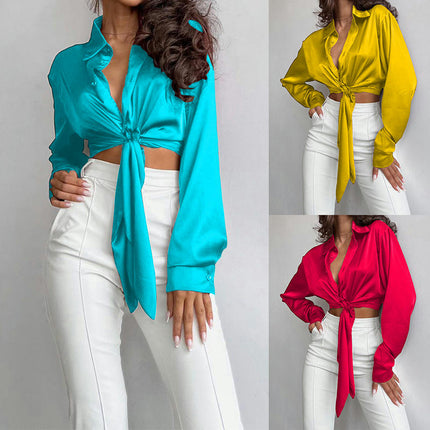 Women's Satin V Neck Tie Long Sleeve Button Down Crop Blouse Top