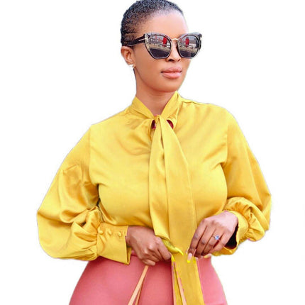 Women's Satin Blouse Long Sleeve Tie Neck Shirts Casual Blouse Tops