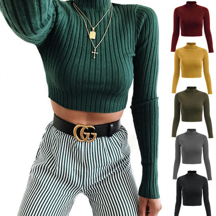 Women's Ribbed Half Turtleneck Fitted Long Sleeve Shirts Crop Tops