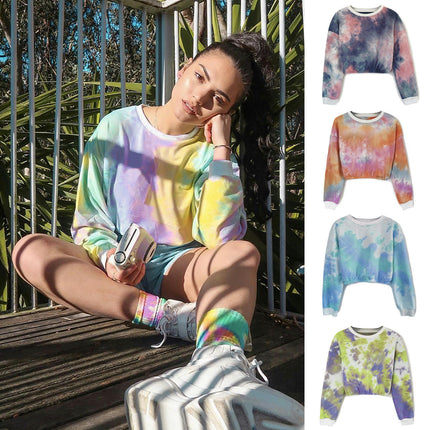 Women Cropped Sweatshirt Long Sleeves Tie Dye Crop Tops