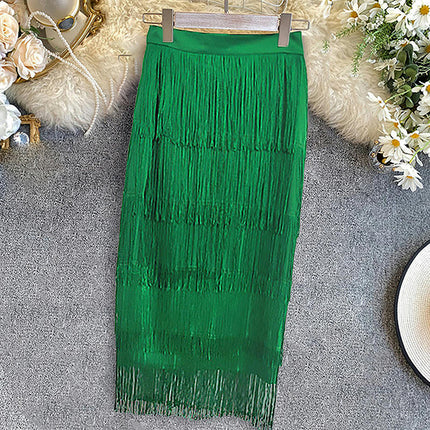 Women's High Waist Fringe Bodycon Pencil Midi Skirt