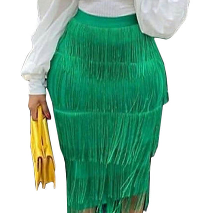 Women's High Waist Fringe Bodycon Pencil Midi Skirt