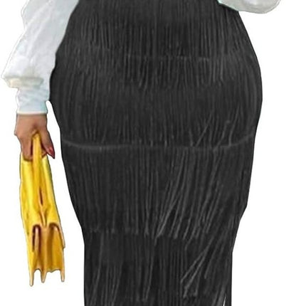 Women's High Waist Fringe Bodycon Pencil Midi Skirt