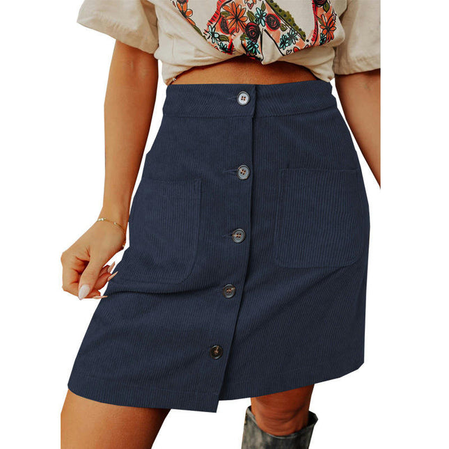 Women's High Waist Corduroy A-line Slim fit Button Casual Mini Skirt