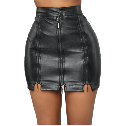 Women Faux Leather Skirt A-line High Waist Mini Skirt with Zipper