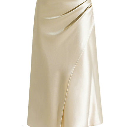 Women's Satin Solid High Waisted Ruched Split Midi Skirt