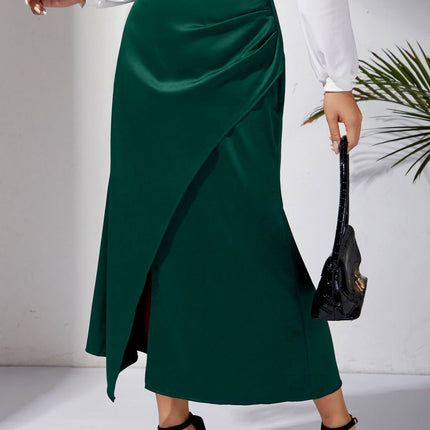 Women's Satin Solid High Waisted Ruched Split Midi Skirt