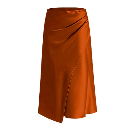 Women's Satin Solid High Waisted Ruched Split Midi Skirt