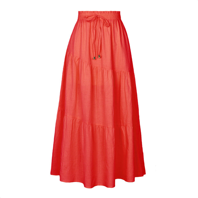 Women's cotton and linen pleated ruffle hem long skirt