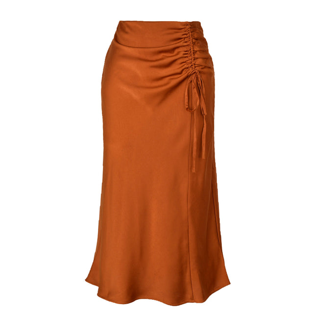 Women's Ruched Drawstring High Waist Satin Midi Skirt