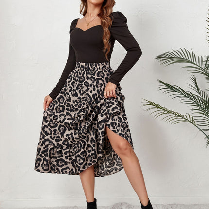 Women's Leopard Print Long Skirts Elastic High Waisted A Line Maxi Skirt