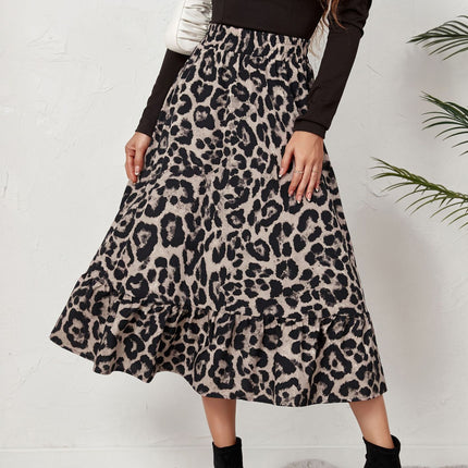 Women's Leopard Print Long Skirts Elastic High Waisted A Line Maxi Skirt