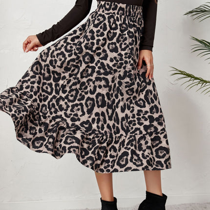 Women's Leopard Print Long Skirts Elastic High Waisted A Line Maxi Skirt