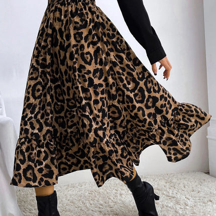 Women's Leopard Print Long Skirts Elastic High Waisted A Line Maxi Skirt