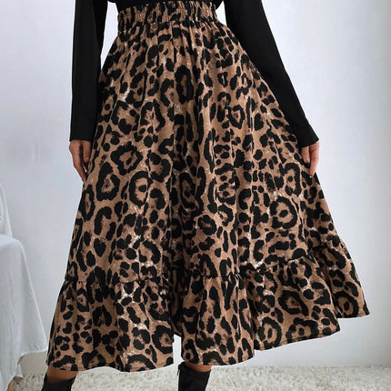 Women's Leopard Print Long Skirts Elastic High Waisted A Line Maxi Skirt