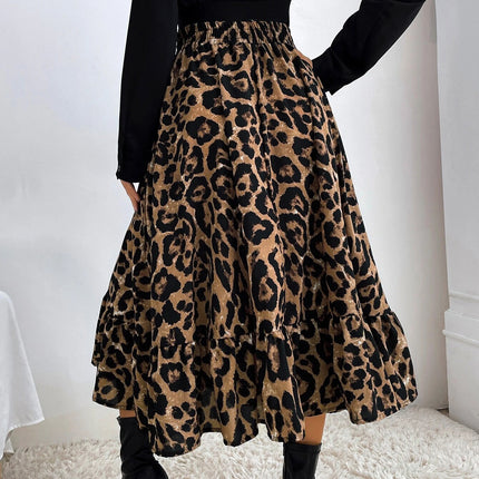 Women's Leopard Print Long Skirts Elastic High Waisted A Line Maxi Skirt