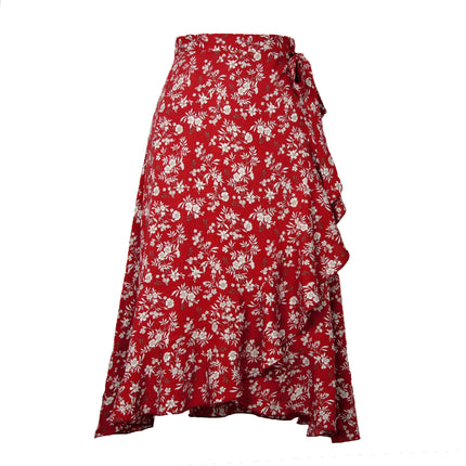 Women's Floral Print Wrap Front Tie Knot Ruffle Hem Split Midi Skirt