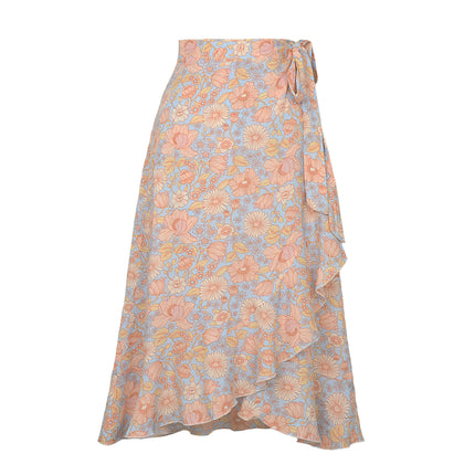 Women's Floral Print Wrap Front Tie Knot Ruffle Hem Split Midi Skirt