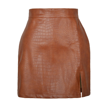 Women's High Waist Bodycon Mini Short Faux Leather Skirt with Slit