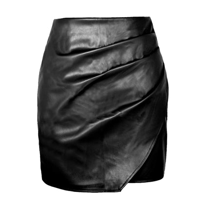 Women PU Leather Bodycon Short Skirt Asymmetrical Hem Ruched Wrap Skirt