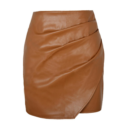 Women PU Leather Bodycon Short Skirt Asymmetrical Hem Ruched Wrap Skirt