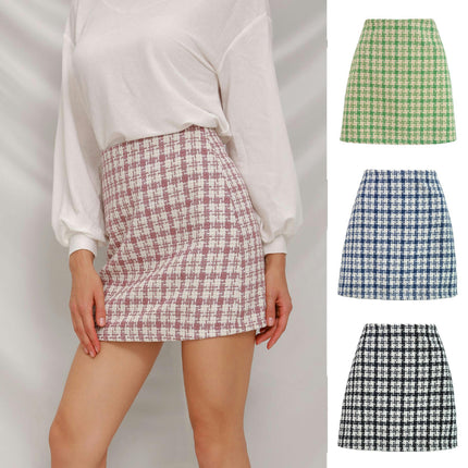 Women's Wool Plaid Mini Skirt Fall Winter High Waisted Bodycon Pencil Skirt