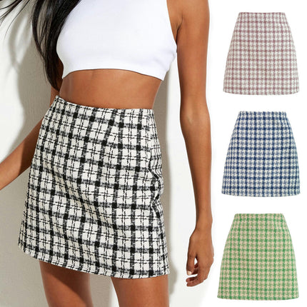 Women's Wool Plaid Mini Skirt Fall Winter High Waisted Bodycon Pencil Skirt