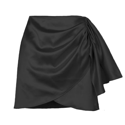 Women Satin Bodycon Short Skirt Asymmetrical Hem Ruched Mini Skirt