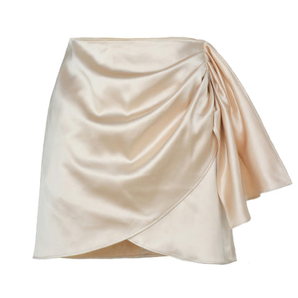 Women Satin Bodycon Short Skirt Asymmetrical Hem Ruched Mini Skirt