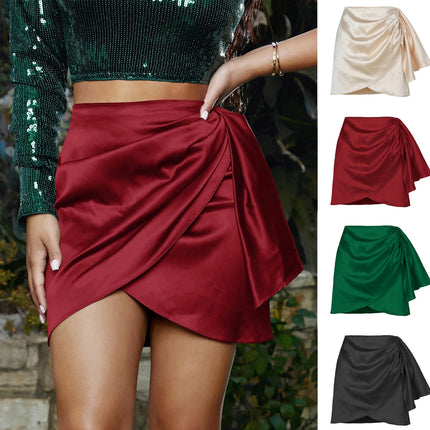 Women Satin Bodycon Short Skirt Asymmetrical Hem Ruched Mini Skirt