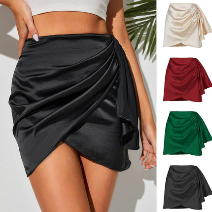 Women Satin Bodycon Short Skirt Asymmetrical Hem Ruched Mini Skirt