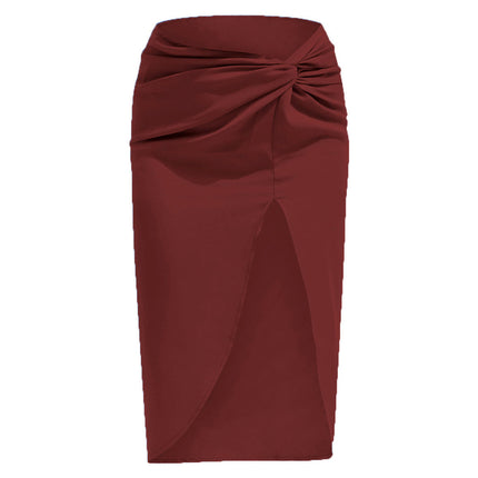 Women's Split Satin High Waist Ruched Bodycon Midi Skirt