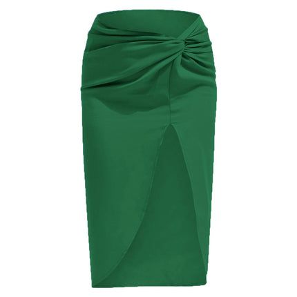 Women's Split Satin High Waist Ruched Bodycon Midi Skirt