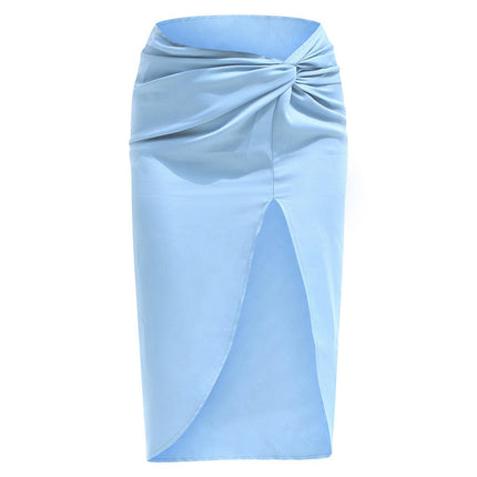 Women's Split Satin High Waist Ruched Bodycon Midi Skirt