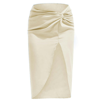 Women's Split Satin High Waist Ruched Bodycon Midi Skirt