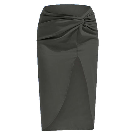 Women's Split Satin High Waist Ruched Bodycon Midi Skirt