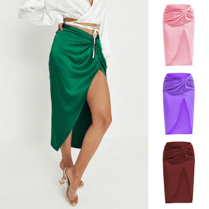 Women's Split Satin High Waist Ruched Bodycon Midi Skirt