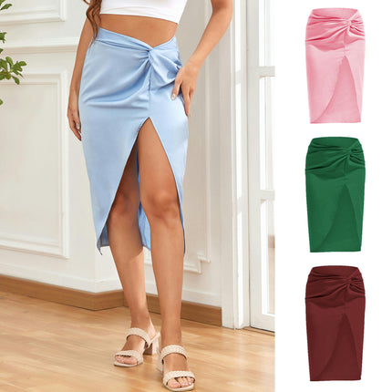 Women's Split Satin High Waist Ruched Bodycon Midi Skirt