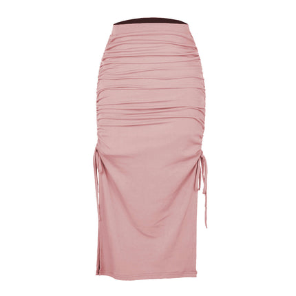 Women High Waisted Ribbed Skirt Side Split Slit Ruched Drawstring Bodycon Maxi Skirts