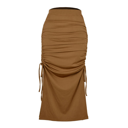 Women High Waisted Ribbed Skirt Side Split Slit Ruched Drawstring Bodycon Maxi Skirts