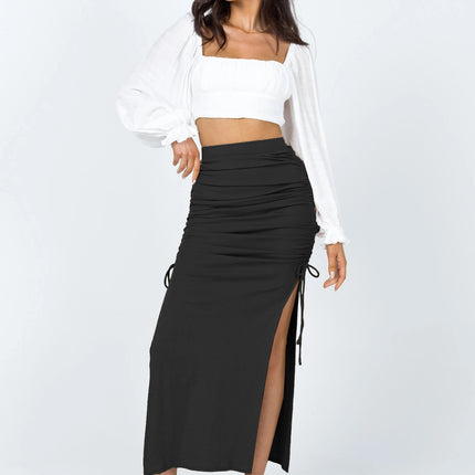 Women High Waisted Ribbed Skirt Side Split Slit Ruched Drawstring Bodycon Maxi Skirts