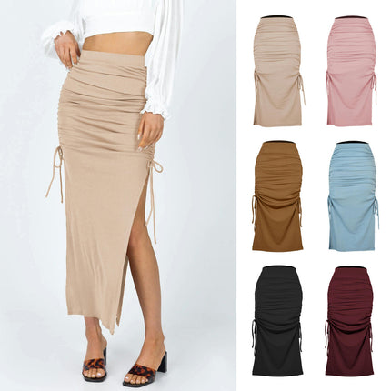 Women High Waisted Ribbed Skirt Side Split Slit Ruched Drawstring Bodycon Maxi Skirts