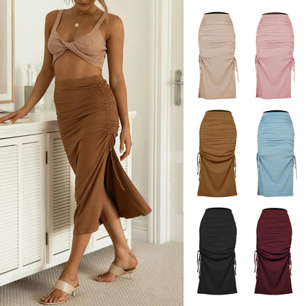 Women High Waisted Ribbed Skirt Side Split Slit Ruched Drawstring Bodycon Maxi Skirts