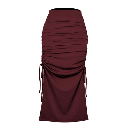 Women High Waisted Ribbed Skirt Side Split Slit Ruched Drawstring Bodycon Maxi Skirts