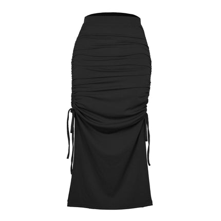 Women High Waisted Ribbed Skirt Side Split Slit Ruched Drawstring Bodycon Maxi Skirts