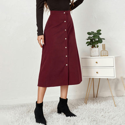 Women's Corduroy Midi Skirt High Waist A Line Skirt with Button