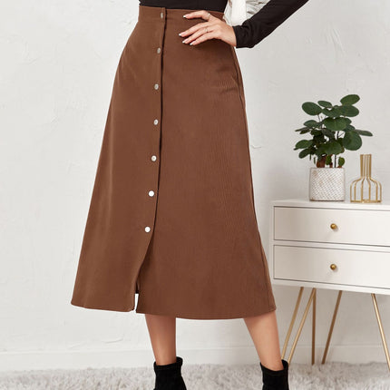 Women's Corduroy Midi Skirt High Waist A Line Skirt with Button